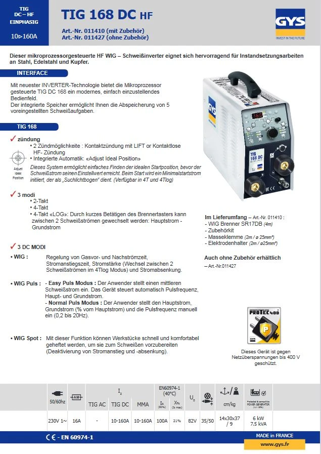 GYS WIG Inverter Schweißgerät Gysmi TIG 168 DC HF 011410 Mit SR17 Brenner Usw Jetzt 062054 PROTIG 161 DC HF – Bild 2