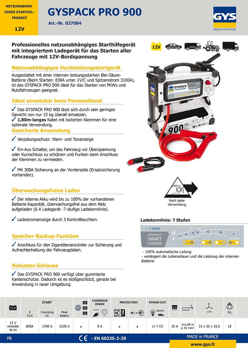 GYS Netzunabhängiges Starthilfegerät GYSPACK PRO 900 "Startbooster" 027084 12V – Bild 2
