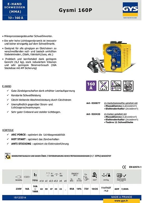 GYS MMA Inverter Schweißgerät GYSMI 160 P 013360 + Schweißhelm + Viel Zubehör – Bild 5