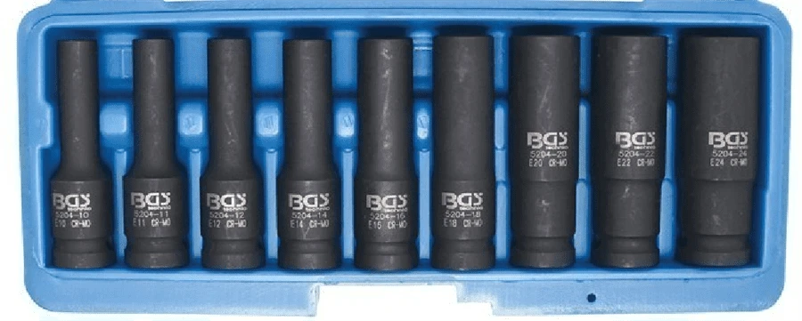BGS Kraft-Steckschlüssel-Einsatz-Satz E-Profil, Tief | 12,5 Mm (1/2") | SW E10 - E24 | 9-tlg. – 5204