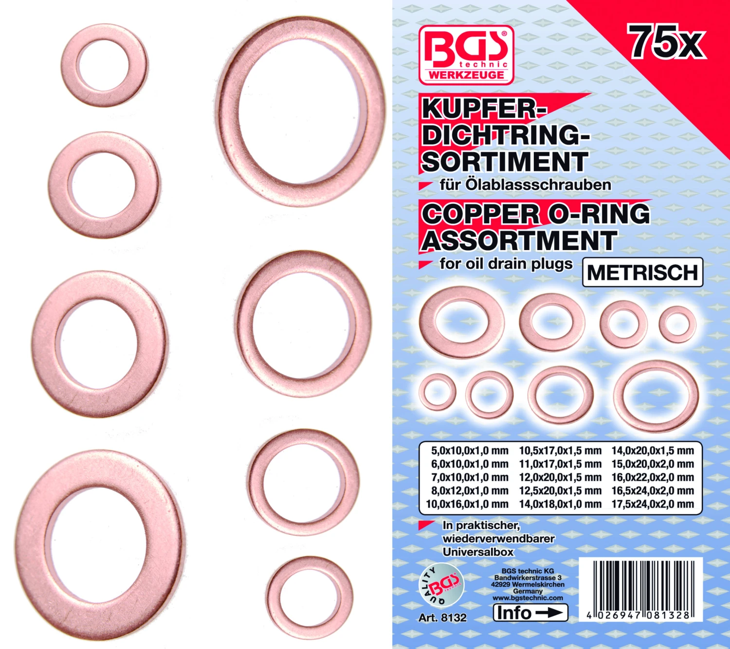 BGS Dichtring-Sortiment | Kupfer | Metrisch | Für Öl-Ablassschrauben | 75-tlg. – 8132 – Bild 2