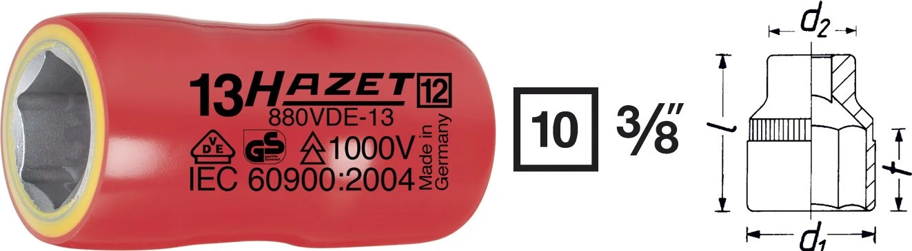 HAZET Steckschlüssel VDE 10mm 3/8 Zoll Außen-Sechskant-Tractionsprofil 17 880VDE-17