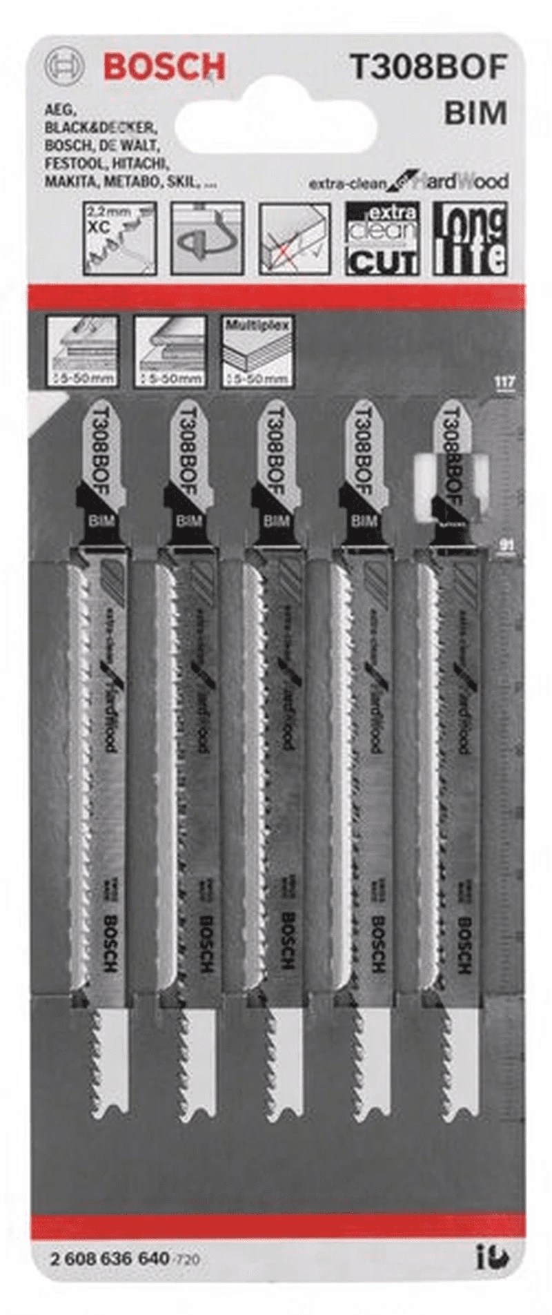 Bosch Stichsägeblatt T 308 BOF Extraclean For Hard Wood 5er-Pack 2608636640